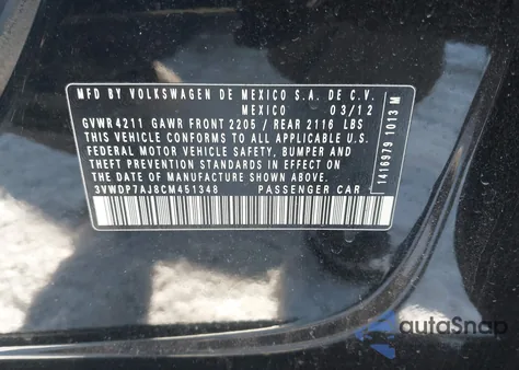 2012 Volkswagen Jetta 2.5L Se z USA, uszkodzony, nr VIN 3VWDP7AJ8CM451348